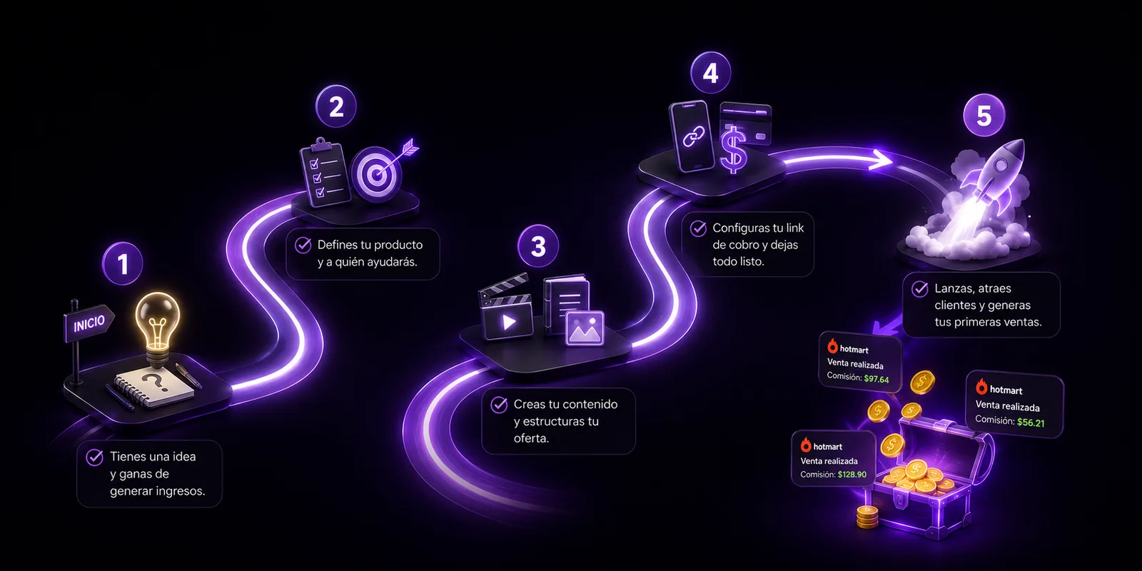 Ruta de 5 pasos: idea, producto, contenido, link de cobro y primeras ventas